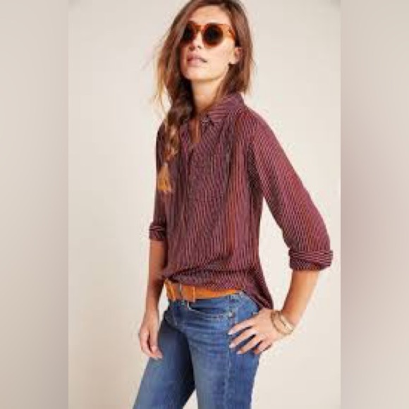 Anthropologie ISADORA Button-Back Tunic w thread detail Burgandy M - Picture 1 of 7